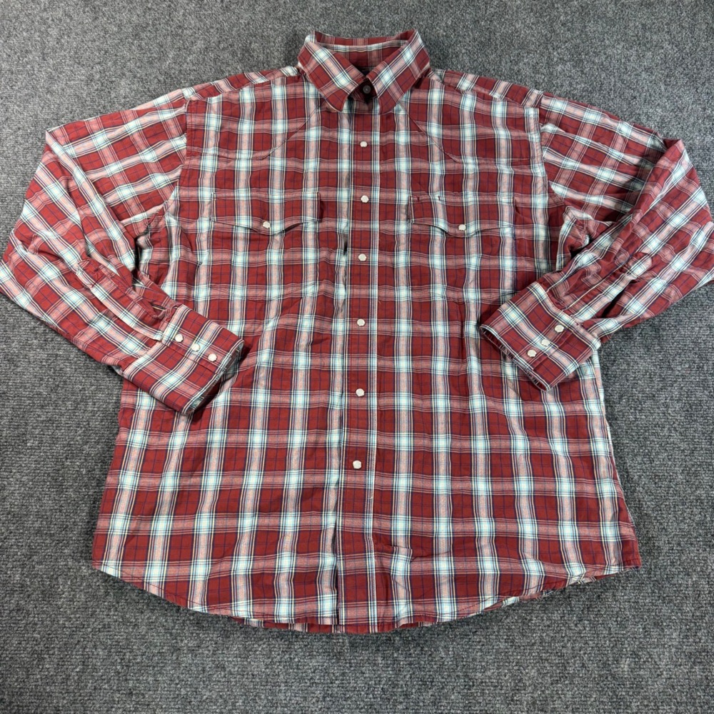 Wrangler Mens Red Plaid Western Pearl Snap Long Sleeve Shirt MWR006M Large